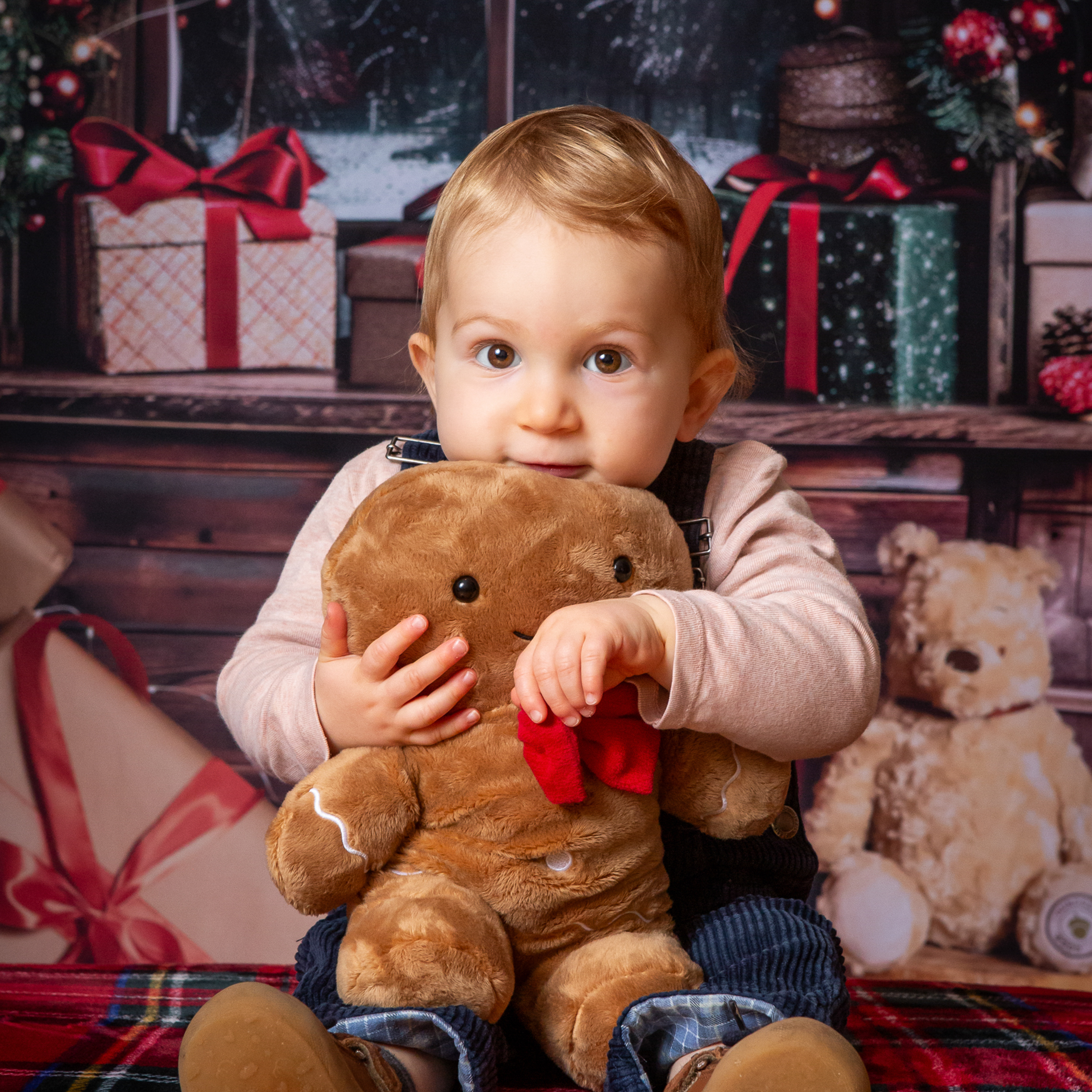 séance photo de noël d'un petit garçons tenant dans ses bras une peluche petit biscuit