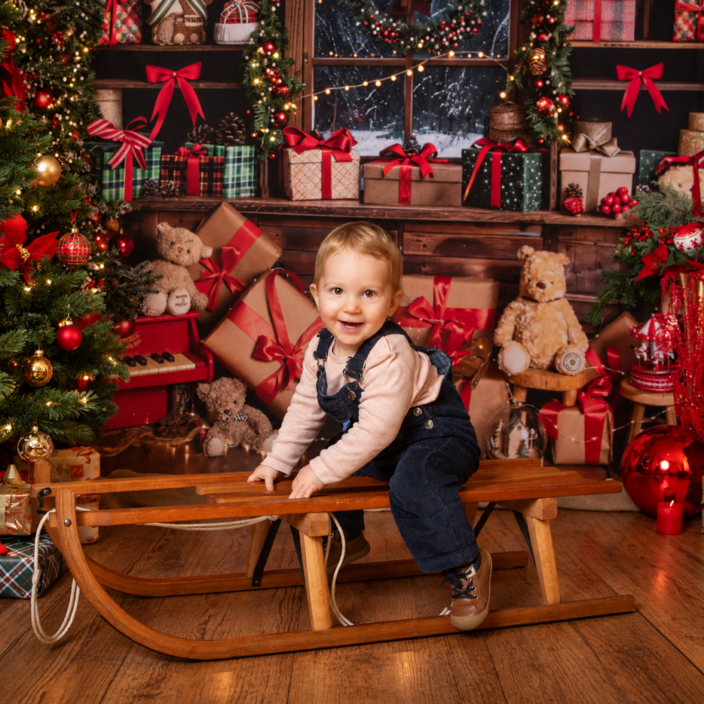 séance photo d'un petit garçon sur le thème de noël
