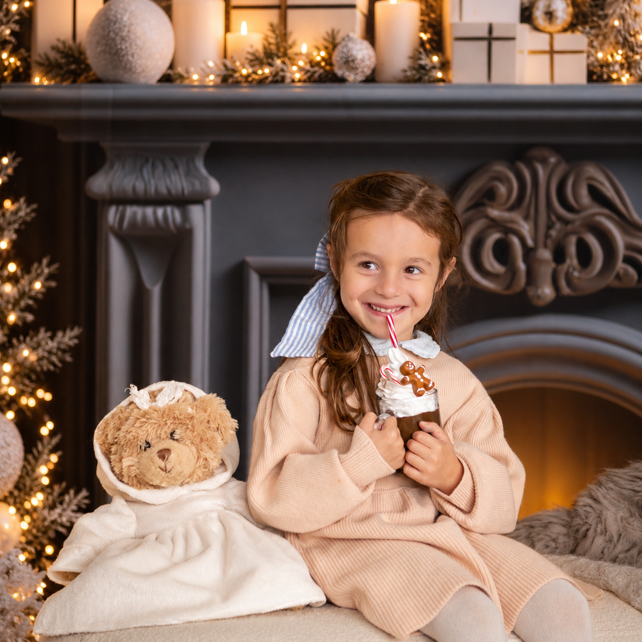 petite fille avec un ourson pendant une mini séance photo de noël